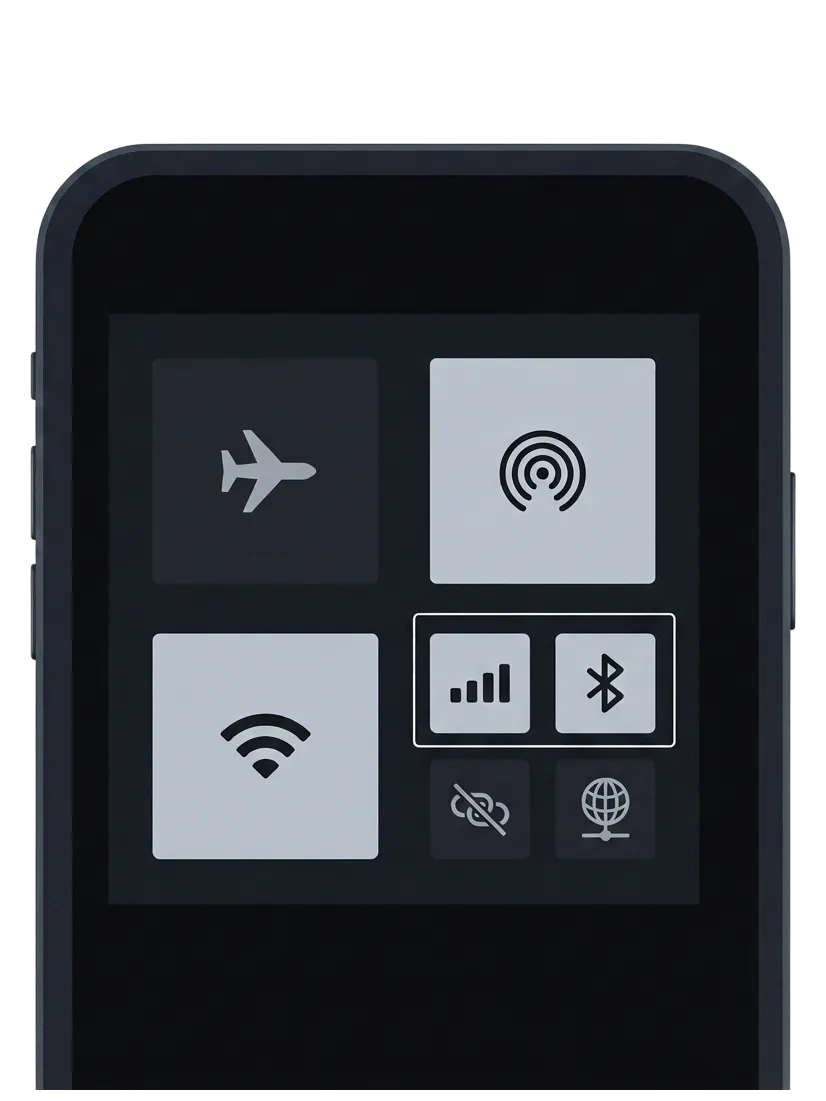 Un teléfono con el panel de controles abierto y el conmutador de Bluetooth encendido, destacado entre los demás. Imagen de pantalla simulada.